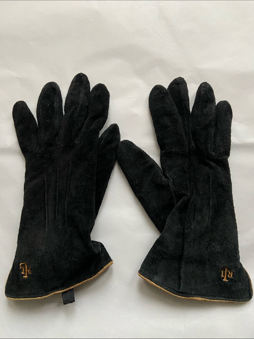 Lauren Ralph Lauren Black Suede Leather Gloves Embroidered LRL Logo
